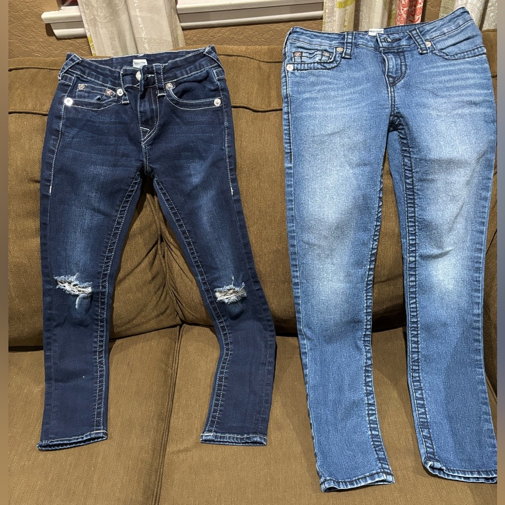 2 True Religion boys denim pants, 1 dark denim size 7 & 1 light denim size 8